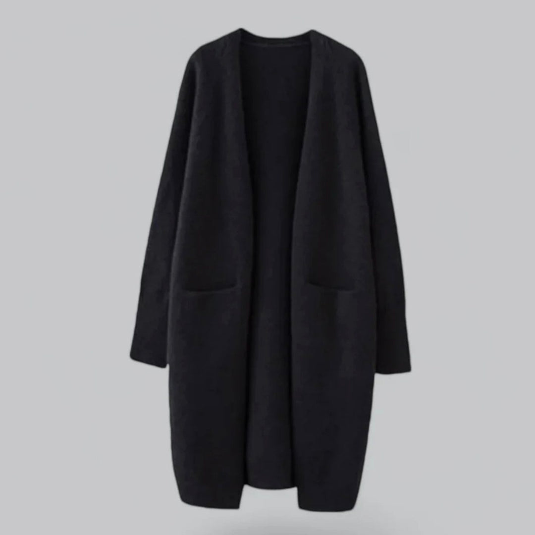 Damen Langer Oversize-Strickjacke offener Front mit Taschen - Schwarz