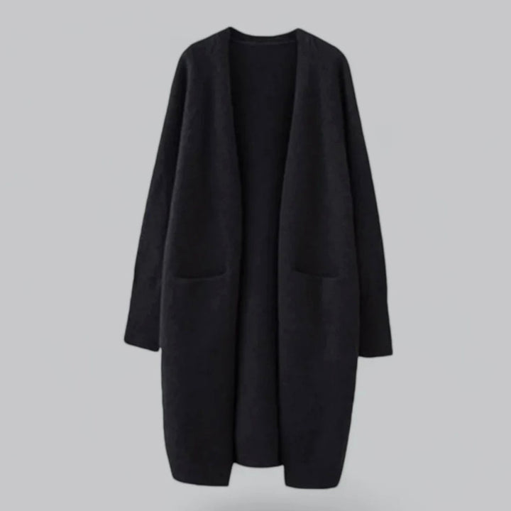 Damen Langer Oversize-Strickjacke offener Front mit Taschen - Schwarz