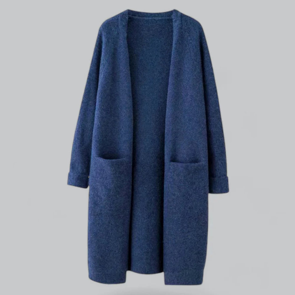 Damen Langer Oversize-Strickjacke offener Front mit Taschen - Königsblau