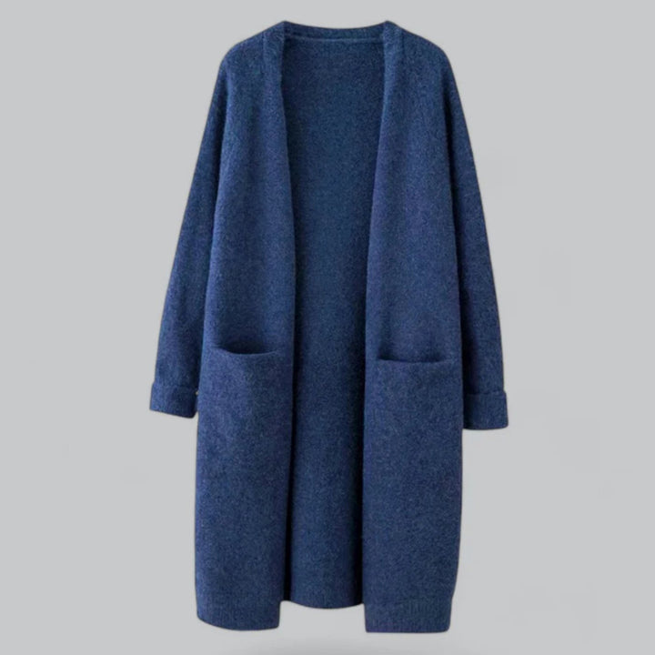 Damen Langer Oversize-Strickjacke offener Front mit Taschen - Königsblau