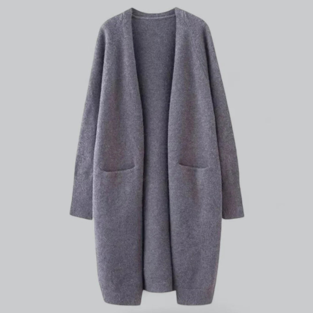 Damen Langer Oversize-Strickjacke offener Front mit Taschen - Dunkelgrau