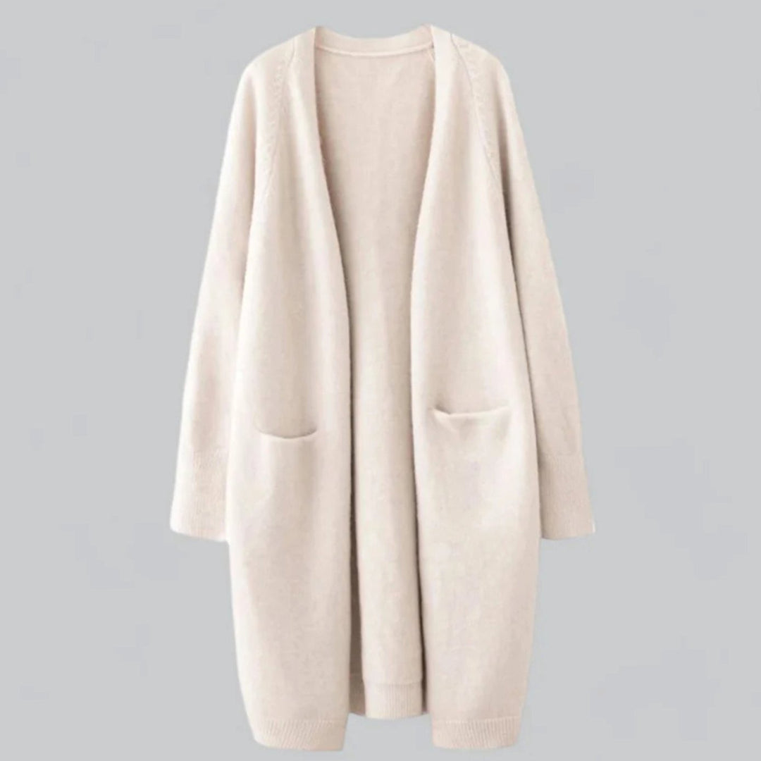 Damen Langer Oversize-Strickjacke offener Front mit Taschen - Khaki