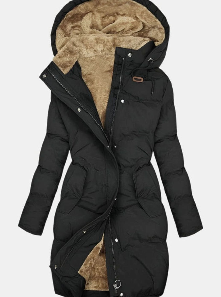 Damen Langer Wintermantel mit Kapuze und Kunstpelz Wattierte Jacke - Schwarz