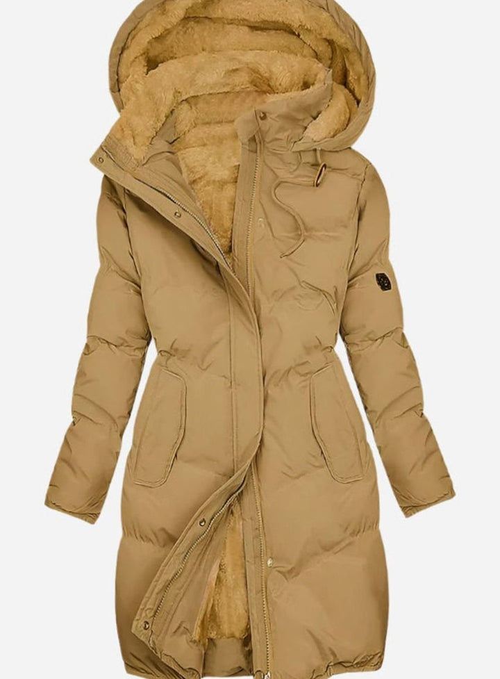 Damen Langer Wintermantel mit Kapuze und Kunstpelz Wattierte Jacke - Gelb