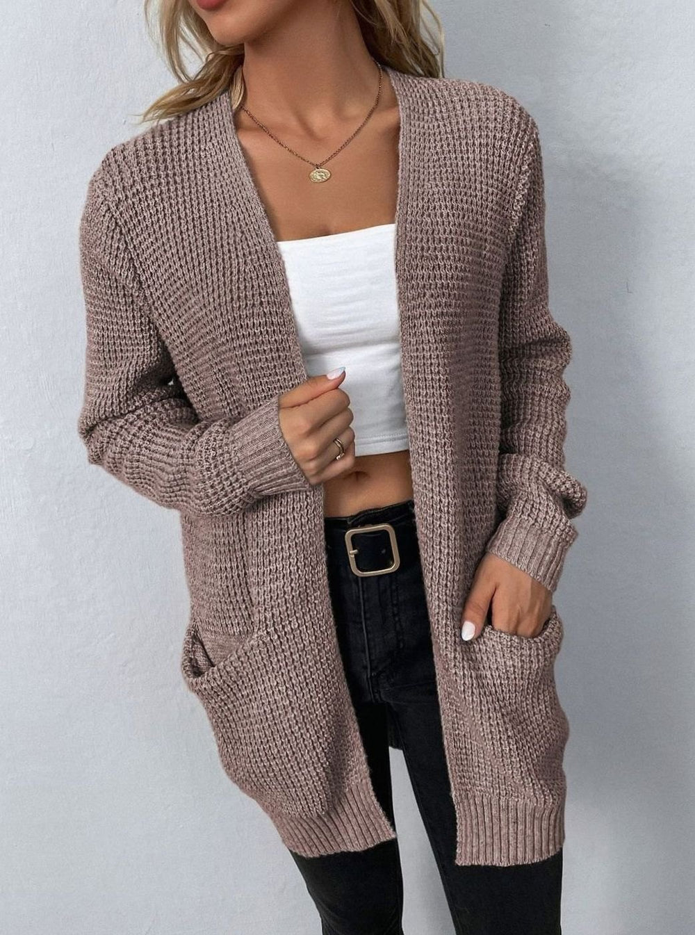 Damen Langärmlige Strickjacke mit offener Vorderseite - Hellrosa