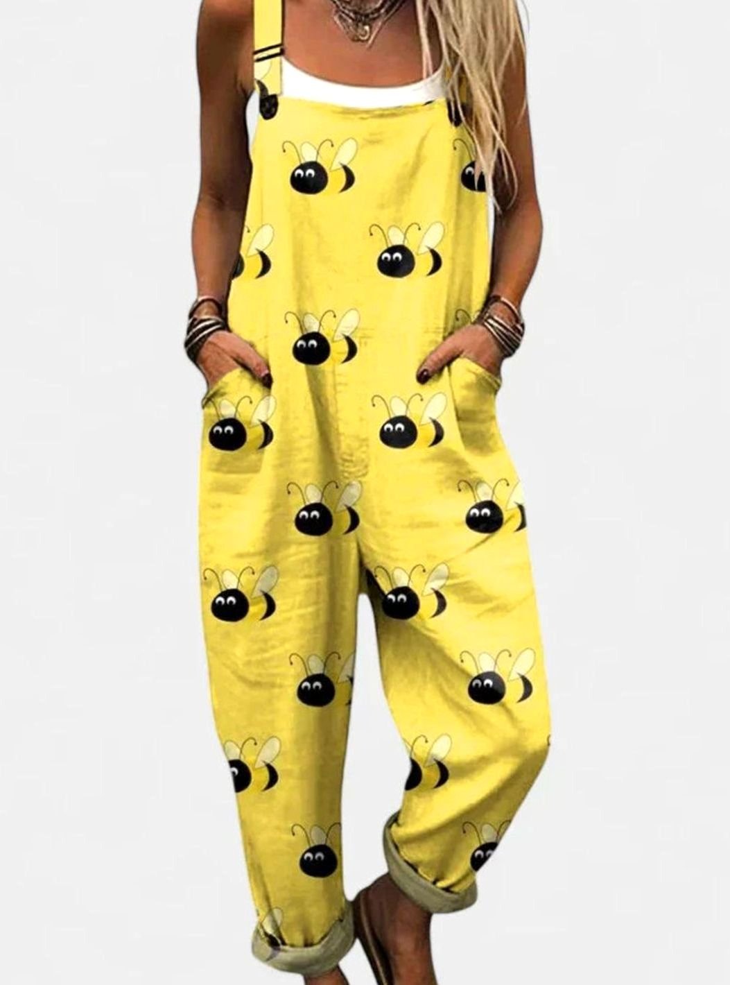 Damen Latzoverall mit Lustigem Bienenprint Locker Träger-Jumpsuit - Mehrfarbig