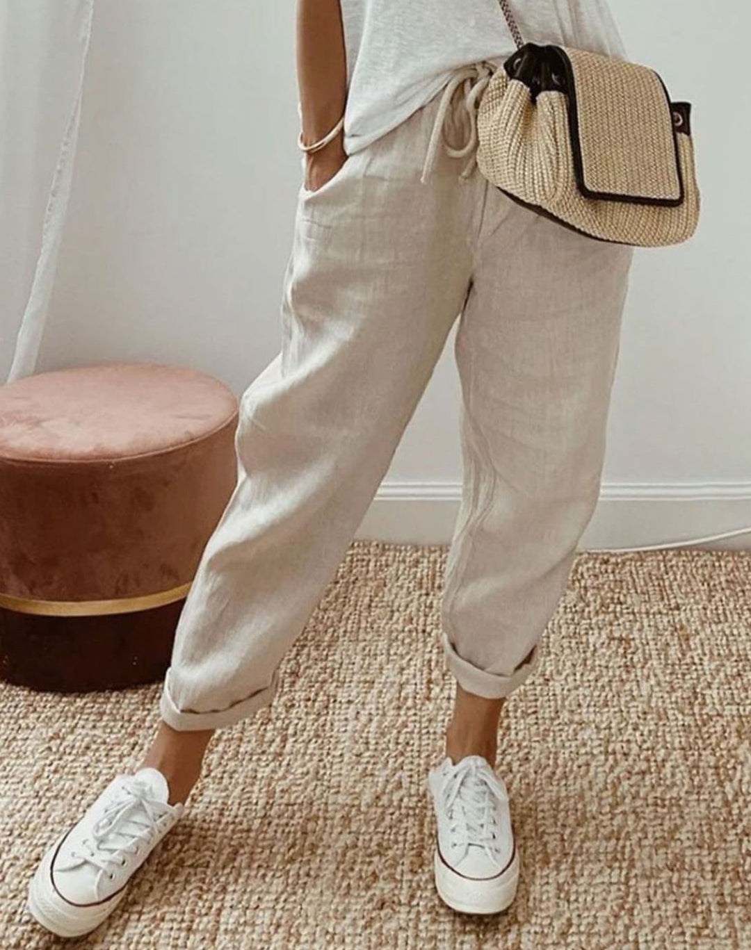 Damen Leinenhose lockerem Schnitt atmungsaktiv Kordelzug - Beige