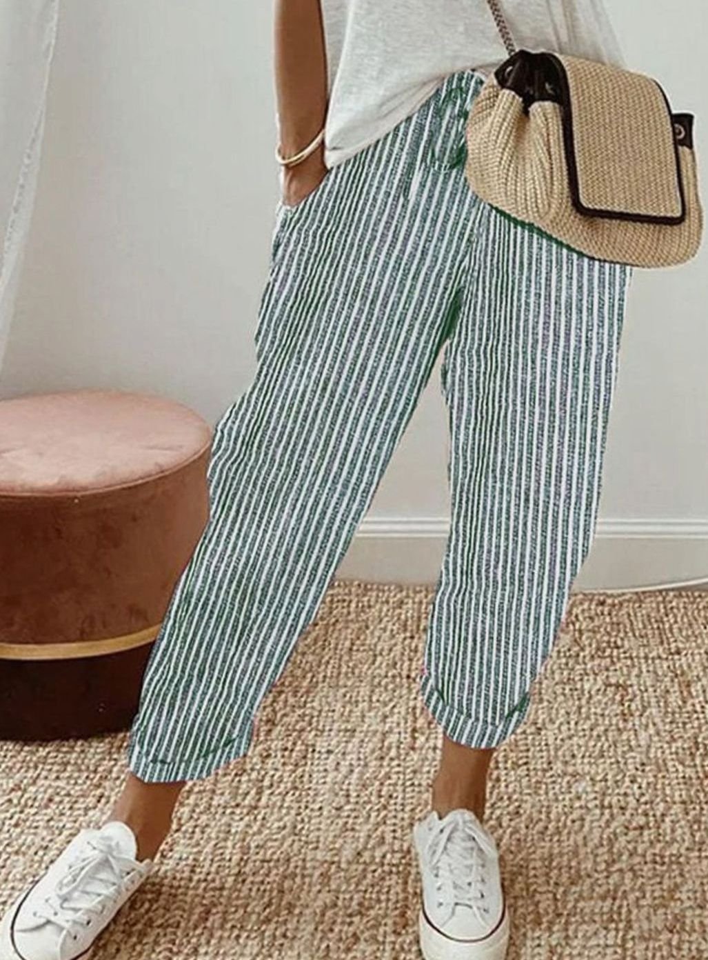 Damen Leinenhose lockerem Schnitt atmungsaktiv Kordelzug - Grün (Gestreift)