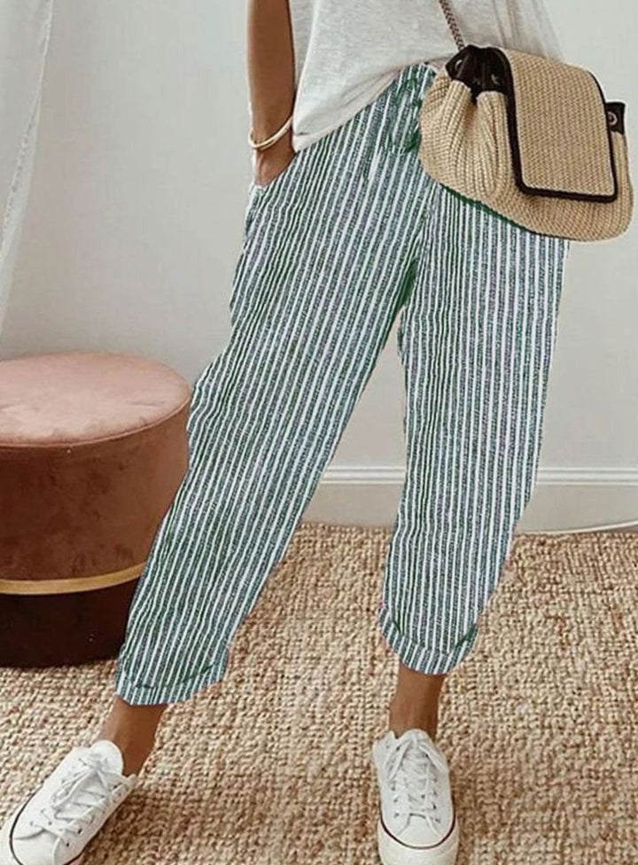 Damen Leinenhose lockerem Schnitt atmungsaktiv Kordelzug - Grün (Gestreift)