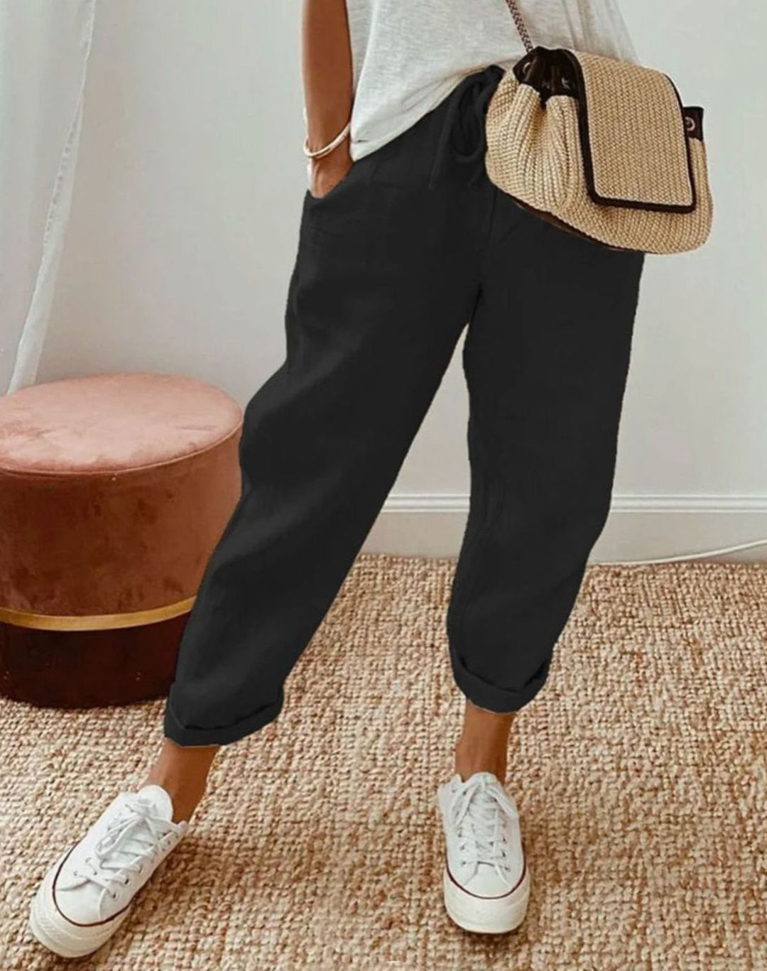 Damen Leinenhose lockerem Schnitt atmungsaktiv Kordelzug - Schwarz