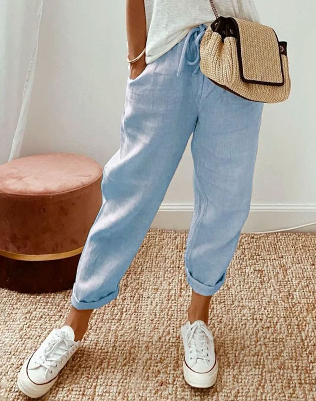 Damen Leinenhose lockerem Schnitt atmungsaktiv Kordelzug - Blau