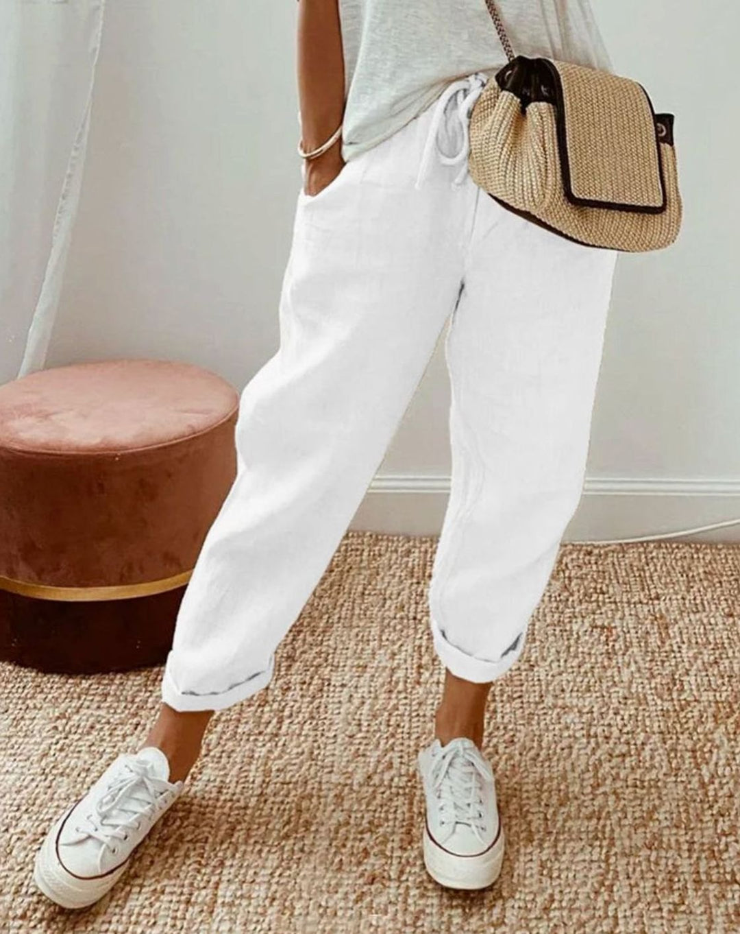Damen Leinenhose lockerem Schnitt atmungsaktiv Kordelzug - Weiß