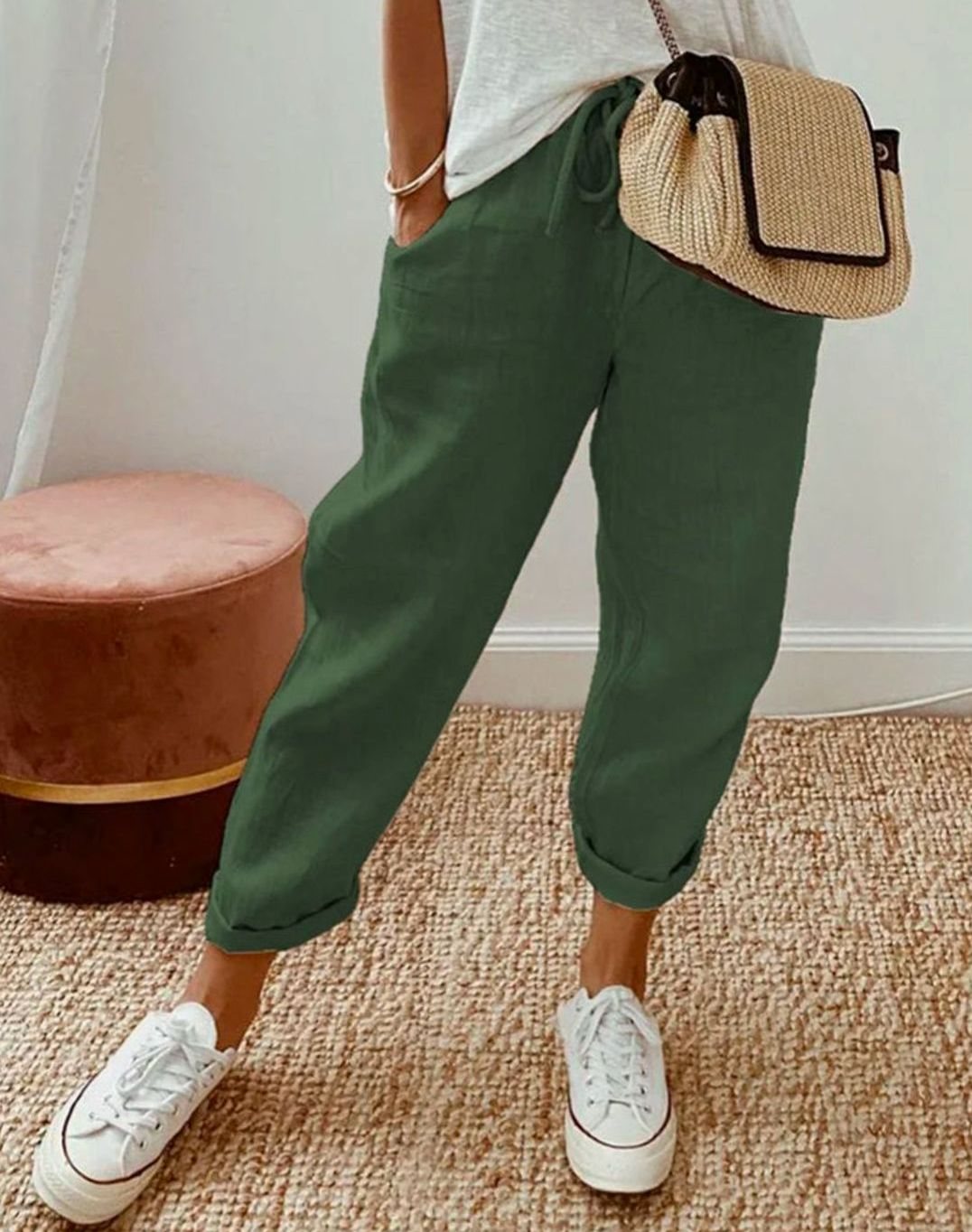Damen Leinenhose lockerem Schnitt atmungsaktiv Kordelzug - Grün