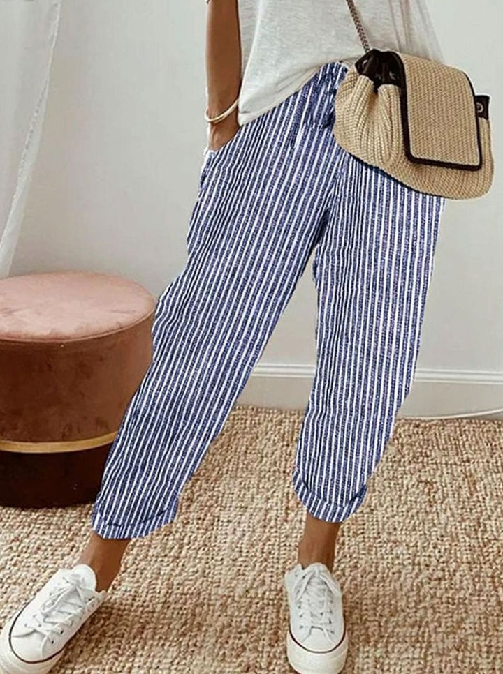 Damen Leinenhose lockerem Schnitt atmungsaktiv Kordelzug - Blau (Gestreift)