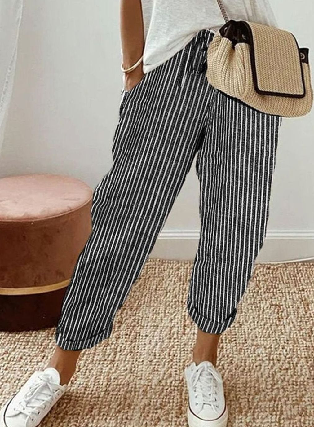 Damen Leinenhose lockerem Schnitt atmungsaktiv Kordelzug - Schwarz (Gestreift)