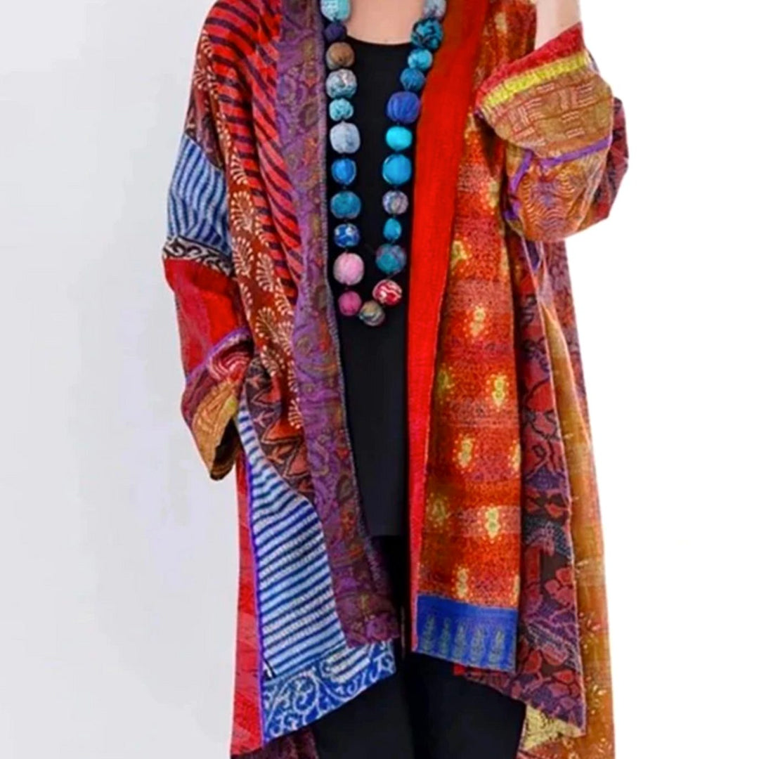 Damen Locker geschnittene Boho-Strickjacke Duster-Länge Patchwork - Rot
