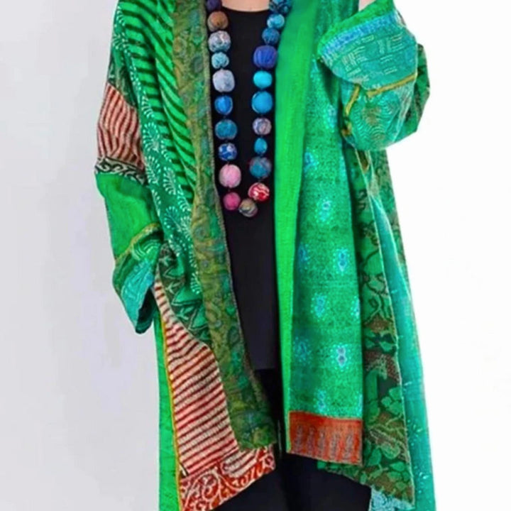 Damen Locker geschnittene Boho-Strickjacke Duster-Länge Patchwork - Grün