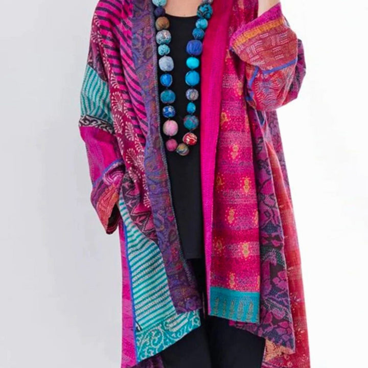 Damen Locker geschnittene Boho-Strickjacke Duster-Länge Patchwork - Rosa