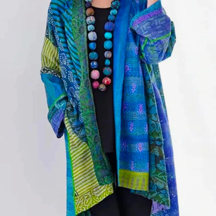 Damen Locker geschnittene Boho-Strickjacke Duster-Länge Patchwork - Blau