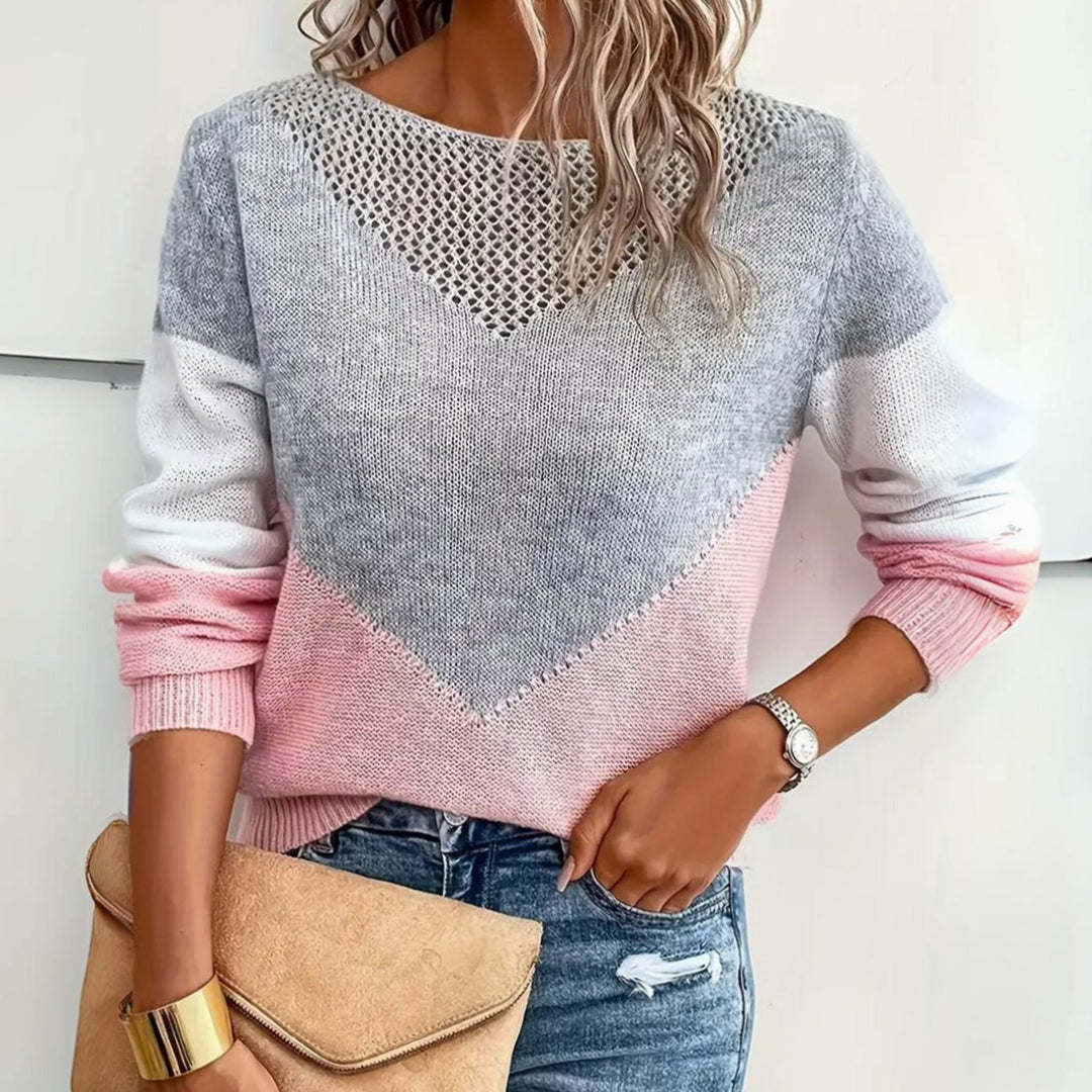 Damen Locker Geschnittener Colorblock-Strickpullover Rundhals