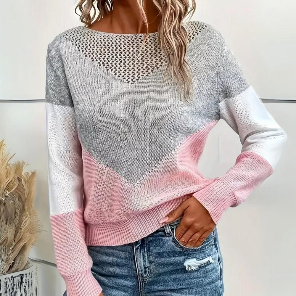 Damen Locker Geschnittener Colorblock-Strickpullover Rundhals