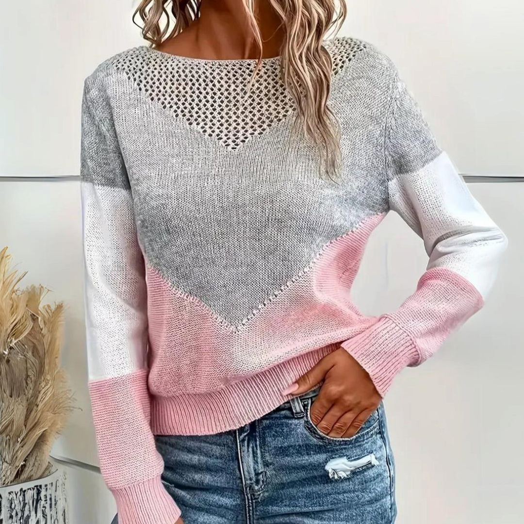 Damen Locker Geschnittener Colorblock-Strickpullover Rundhals