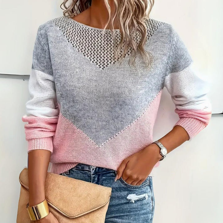 Damen Locker Geschnittener Colorblock-Strickpullover Rundhals - Rosa