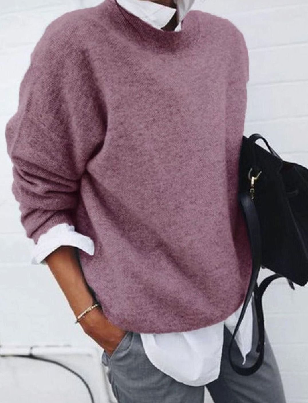Damen Locker geschnittener Rundhals-Strickpullover - Rosa