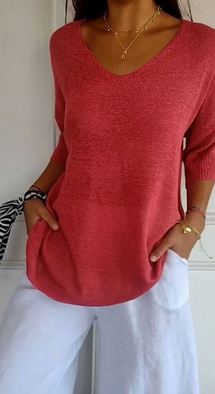 Damen Locker Sitzender V-Ausschnitt Tunika-Pullover Oversize Strick - Rot