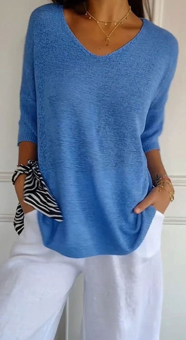 Damen Locker Sitzender V-Ausschnitt Tunika-Pullover Oversize Strick - Blau