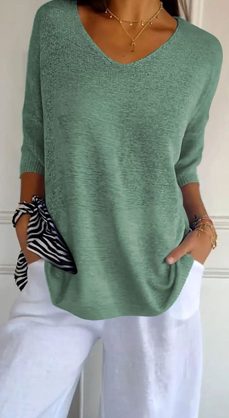 Damen Locker Sitzender V-Ausschnitt Tunika-Pullover Oversize Strick - Grasgrün