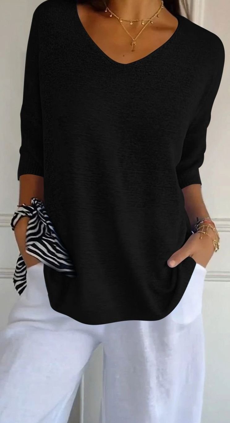 Damen Locker Sitzender V-Ausschnitt Tunika-Pullover Oversize Strick - Schwarz