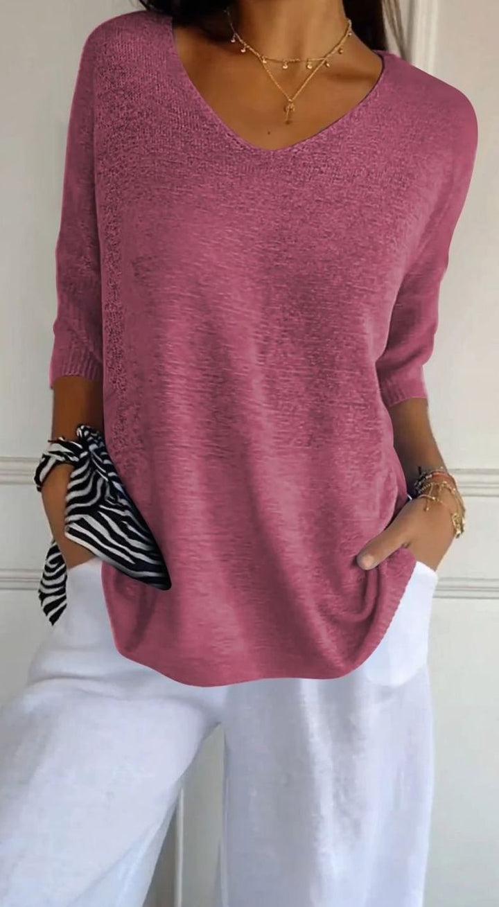 Damen Locker Sitzender V-Ausschnitt Tunika-Pullover Oversize Strick - Rosa-Rot