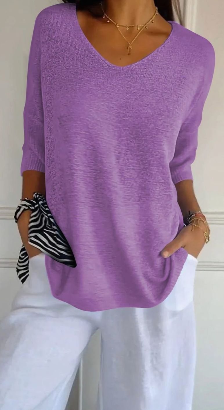 Damen Locker Sitzender V-Ausschnitt Tunika-Pullover Oversize Strick - Violett