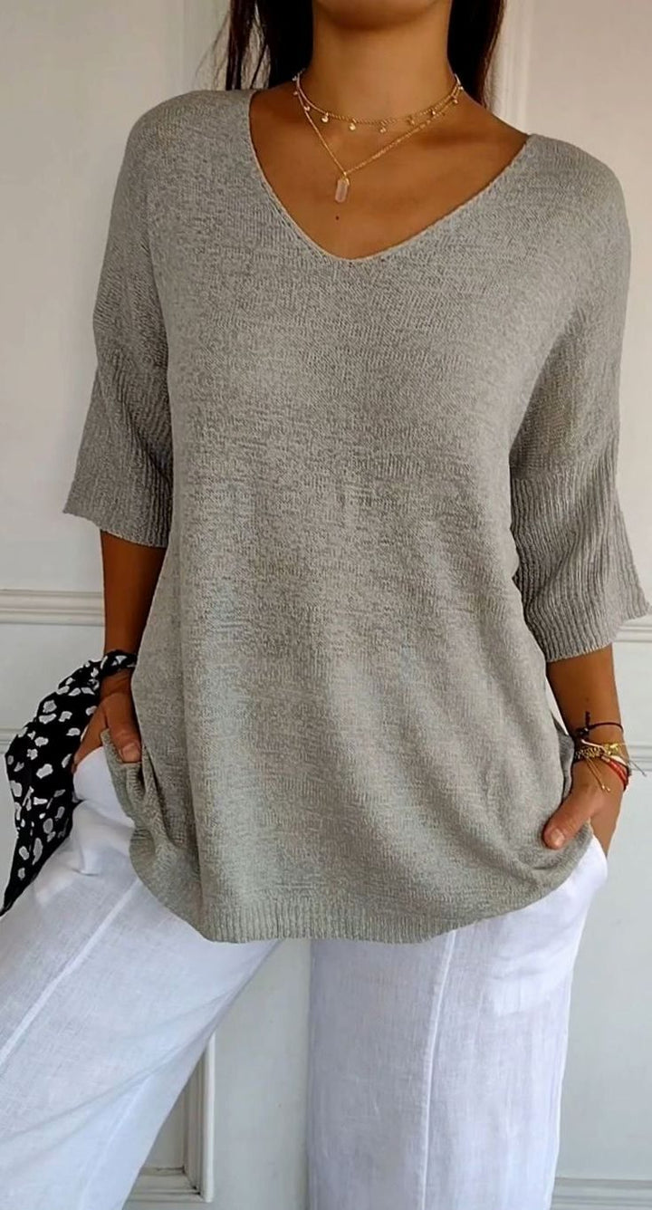 Damen Locker Sitzender V-Ausschnitt Tunika-Pullover Oversize Strick - Grau