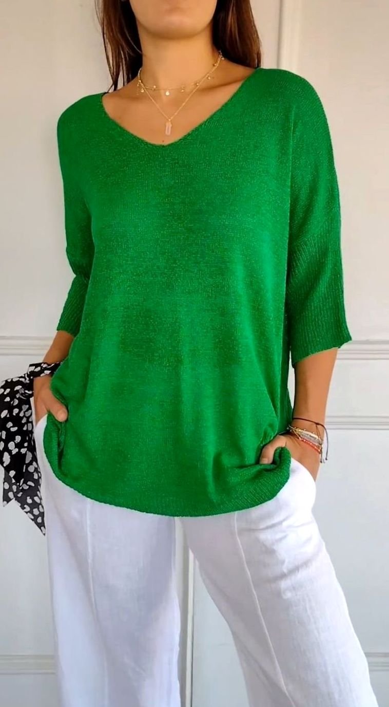 Damen Locker Sitzender V-Ausschnitt Tunika-Pullover Oversize Strick - Grün