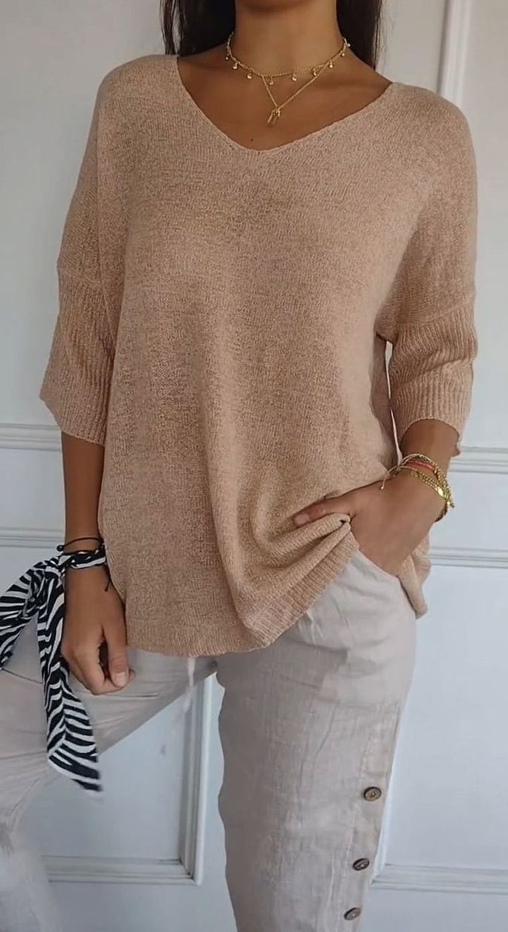 Damen Locker Sitzender V-Ausschnitt Tunika-Pullover Oversize Strick - Apricot