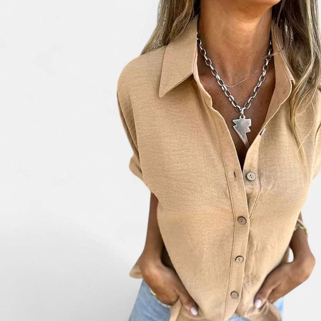 Damen Lockere Kurzarmbluse mit Hemdblusenkragen Knopfleiste - Beige