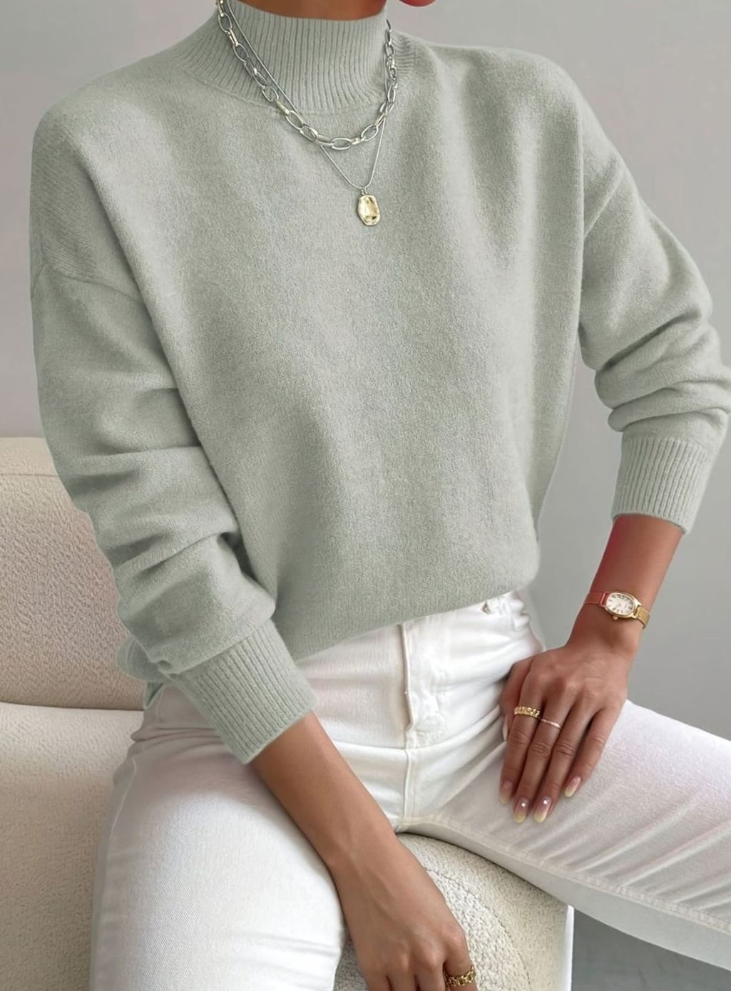 Damen Lockerer Mock-Neck-Pullover mit Stehkragen - Hellgrün