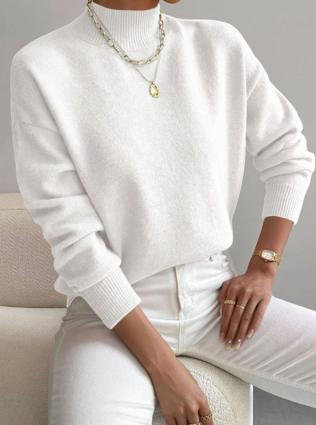 Damen Lockerer Mock-Neck-Pullover mit Stehkragen - Weiß