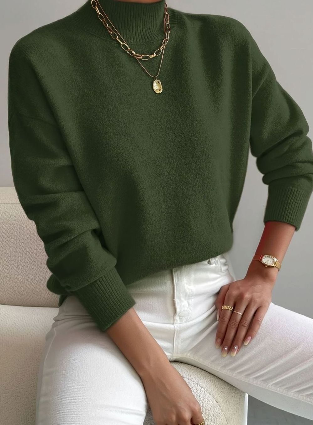Damen Lockerer Mock-Neck-Pullover mit Stehkragen - Grün