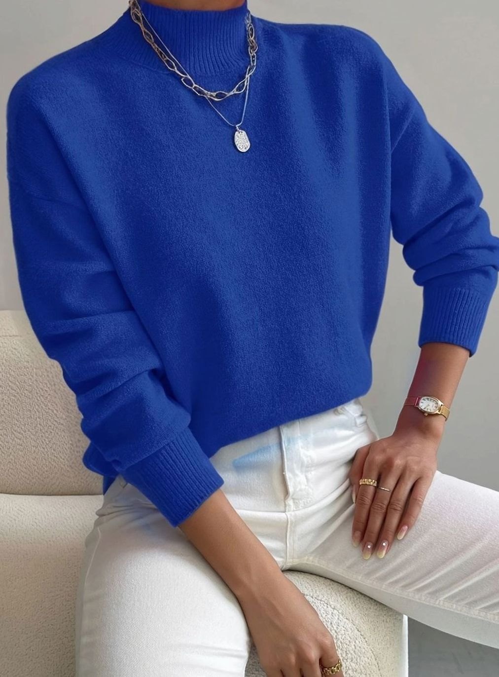 Damen Lockerer Mock-Neck-Pullover mit Stehkragen - Blau