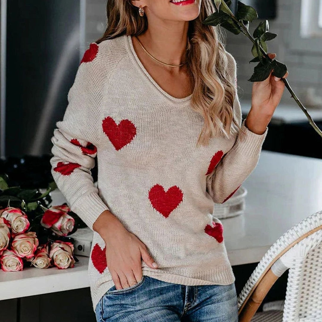 Damen Lockerer Strickpullover mit Herzmuster V-Ausschnitt - Beige