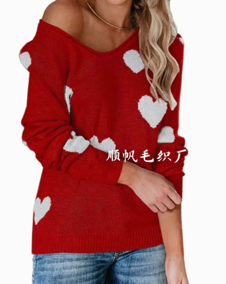 Damen Lockerer Strickpullover mit Herzmuster V-Ausschnitt - Rot