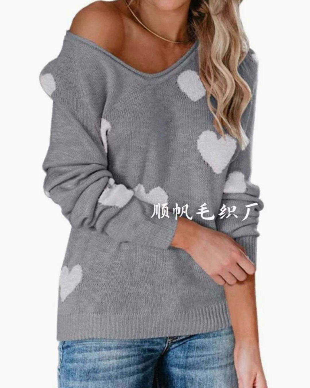 Damen Lockerer Strickpullover mit Herzmuster V-Ausschnitt - Grau