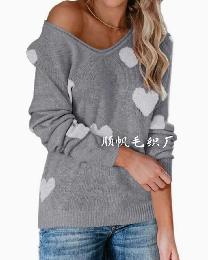 Damen Lockerer Strickpullover mit Herzmuster V-Ausschnitt - Grau