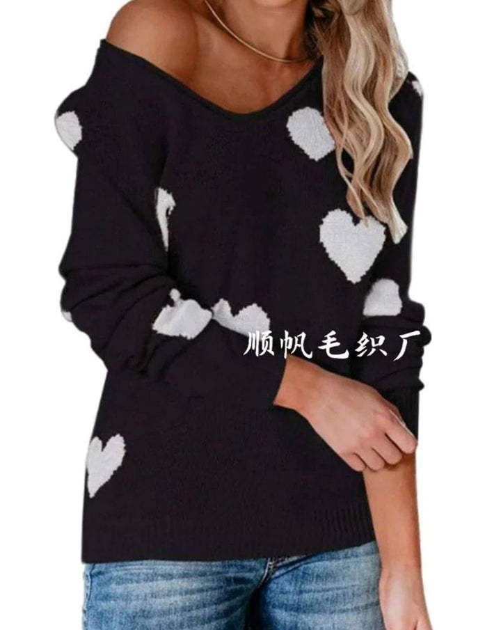 Damen Lockerer Strickpullover mit Herzmuster V-Ausschnitt - Schwarz