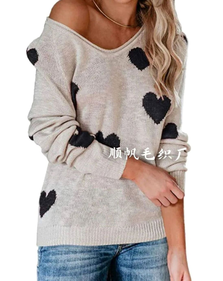 Damen Lockerer Strickpullover mit Herzmuster V-Ausschnitt - Hellbeige
