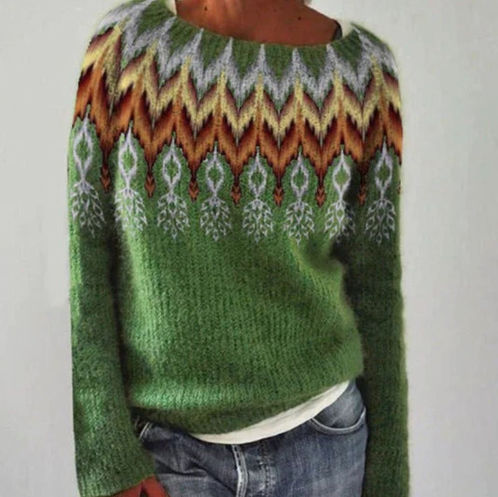 Damen Lockerer Strickpullover mit nordischem Muster - Grün