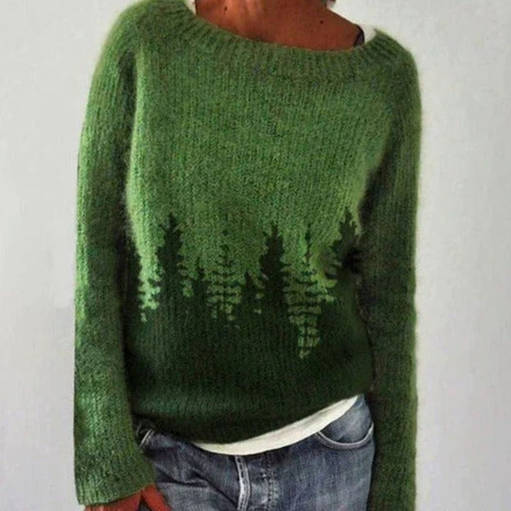 Damen Lockerer Strickpullover mit nordischem Muster - Dunkelgrün